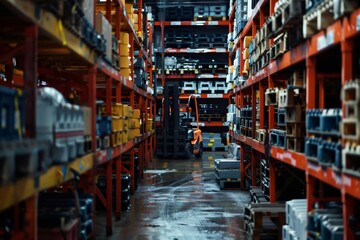 Fototapeta premium Forklift parked in wet aisle between storage shelves in warehouse