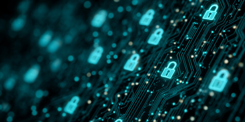 Obraz premium Abstract image of glowing teal padlock icons on a circuit board, symbolizing digital security and data protection
