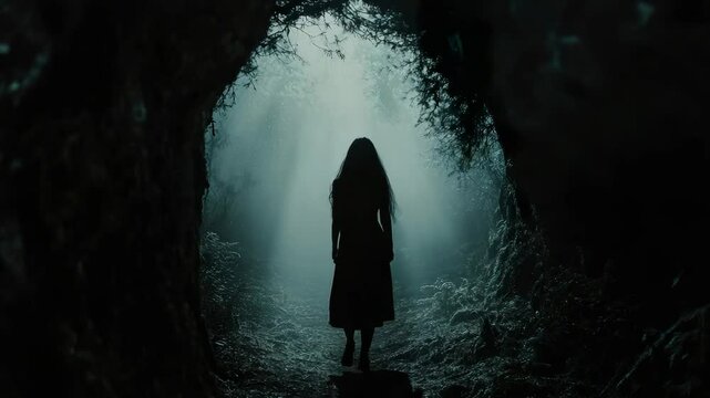 A woman walking through a dark tunnel in the woods