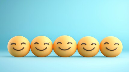 Five yellow smiley faces in a row on blue background
