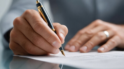 A close-up of a hand holding a pen, writing on a document, signing