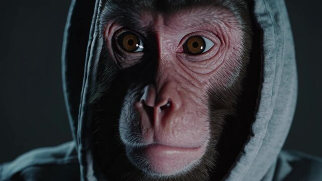 Monkey wearing a grey hoodie looking suspicious and dangerous, on a dark background, conveying concepts of mystery, artificial intelligence, and technology