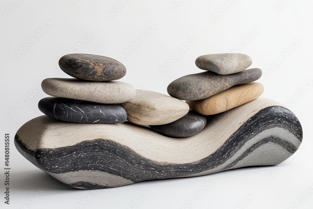 Aufkleber Smooth stones stacked harmoniously on a minimalist shelf in a serene indoor setting during daylight hours