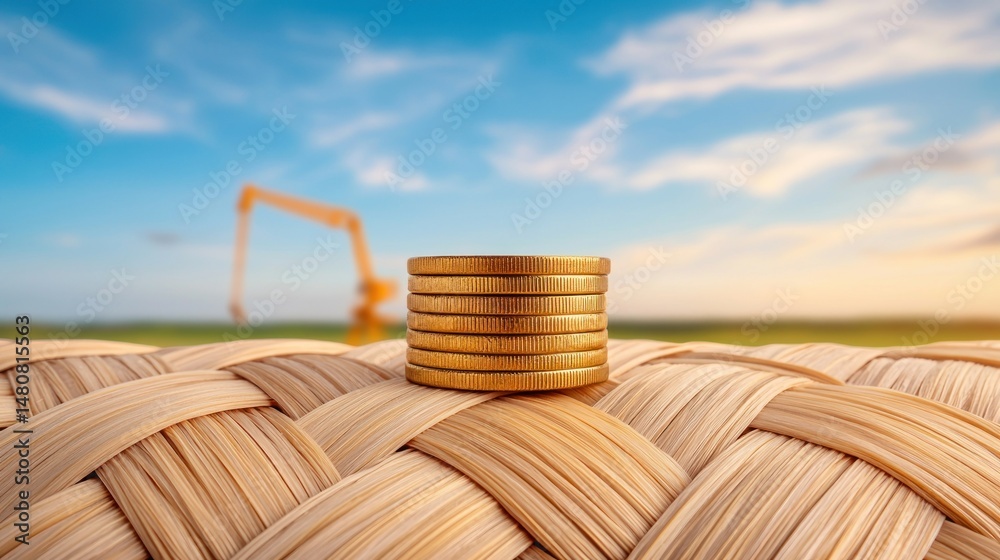 Poster stack of gold coins placed on a textured woven surface
