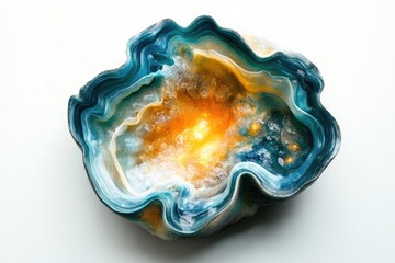 A mesmerizing resin art piece resembling an ocean cave, with swirling teal and amber hues and embedded lights.