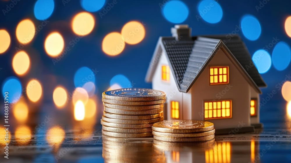 Poster Stacked coins and a miniature house against a bokeh background