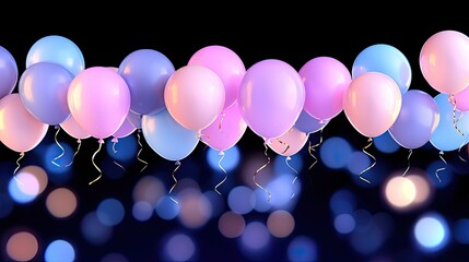Assorted pastel balloons float against a dark bokeh background