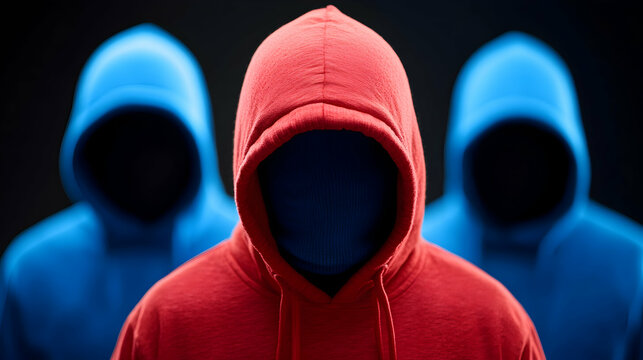Three Hooded Figures in Red and Blue Hoodies Mysterious Dark Background