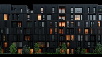 A modern black building with many windows and a balcony.