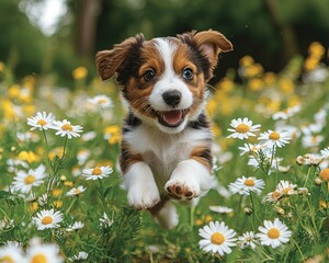 A playful puppy leaps through a field of daisies