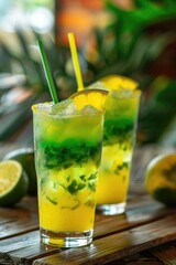 Fototapeta premium Brazil Independence Day, glasses of citrus cocktails with ice and mint, decorated with orange slices, outdoor cafe, vertical banner