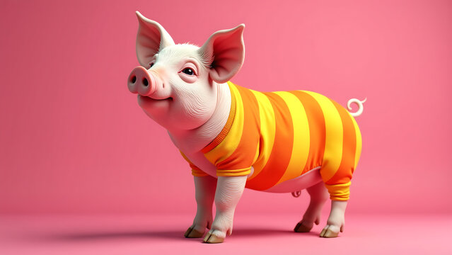stylish pig vibrant orange yellow stripes stands confidently bright pink background pose relaxed front legs crossed