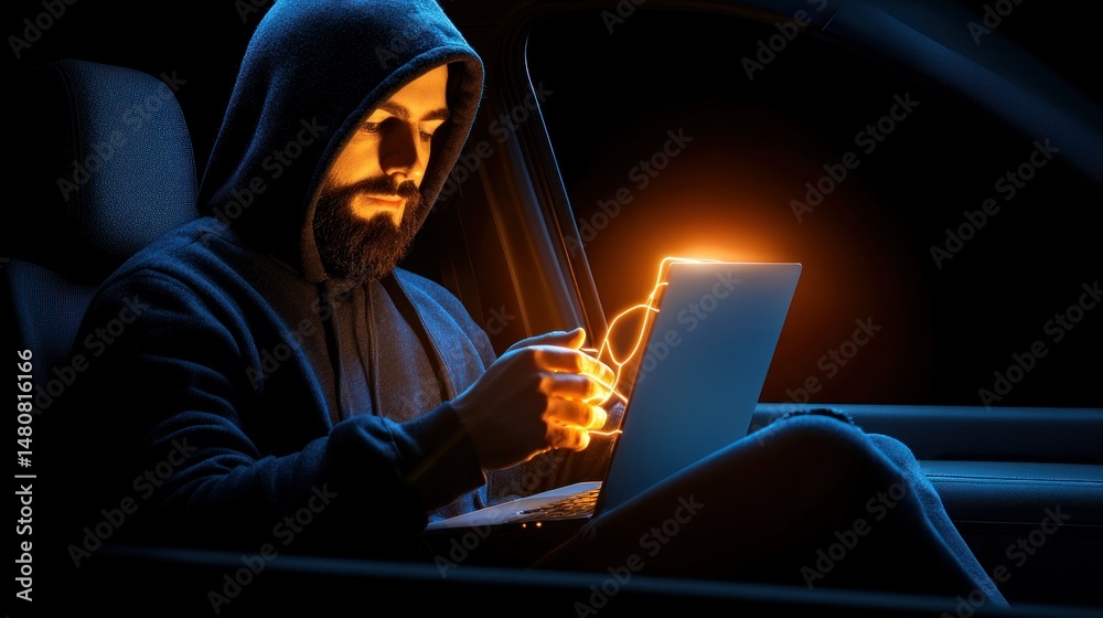 Poster man in hoodie using laptop inside a darkened vehicle
