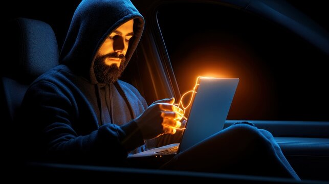 Man in hoodie using laptop inside a darkened vehicle - Powered by Adobe