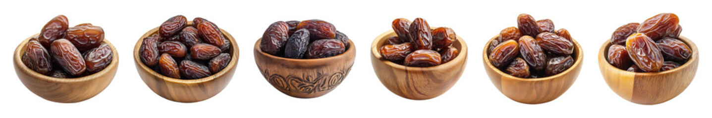 Obraz premium Wooden Bowl of Fresh Medjool Dates, Healthy Sweet Medjool Dates Fruit Pile, Organic Medjool Dates in Wooden Bowl Isolated on Transparent Background