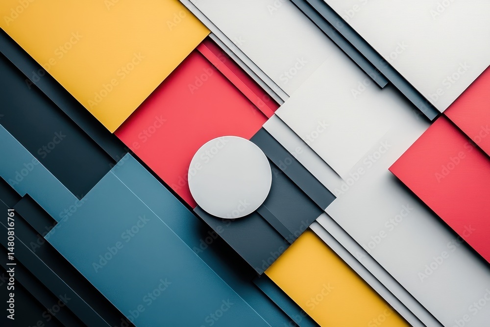Poster Abstract geometric pattern in vibrant colors featuring red, orange, black, and white forms layered on a diagonal grid structure