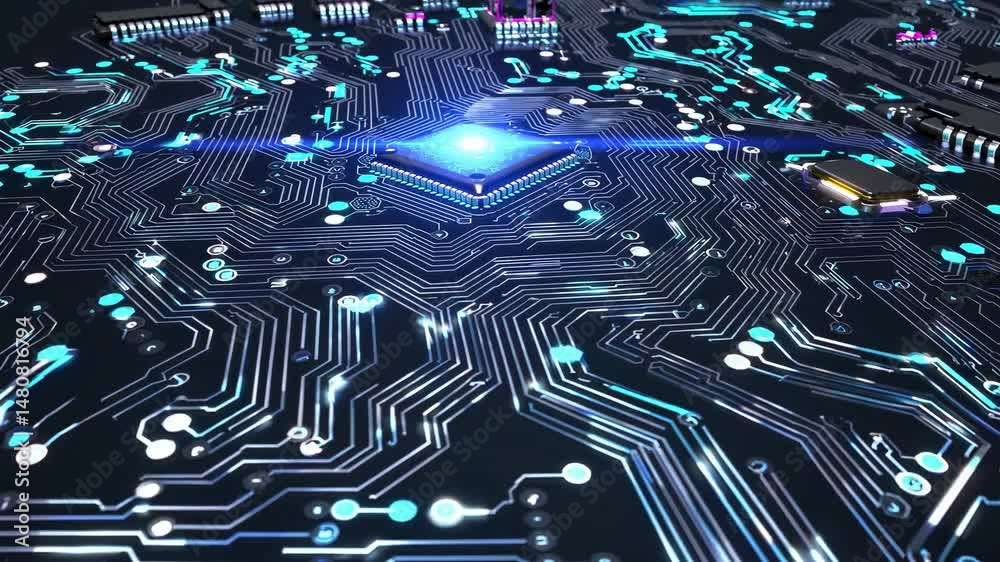 Poster futuristic motherboard with glowing connections processing data through a powerful cpu, symbolizing 