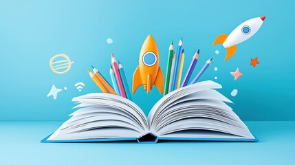 Open book reveals colorful pencils and launching rockets