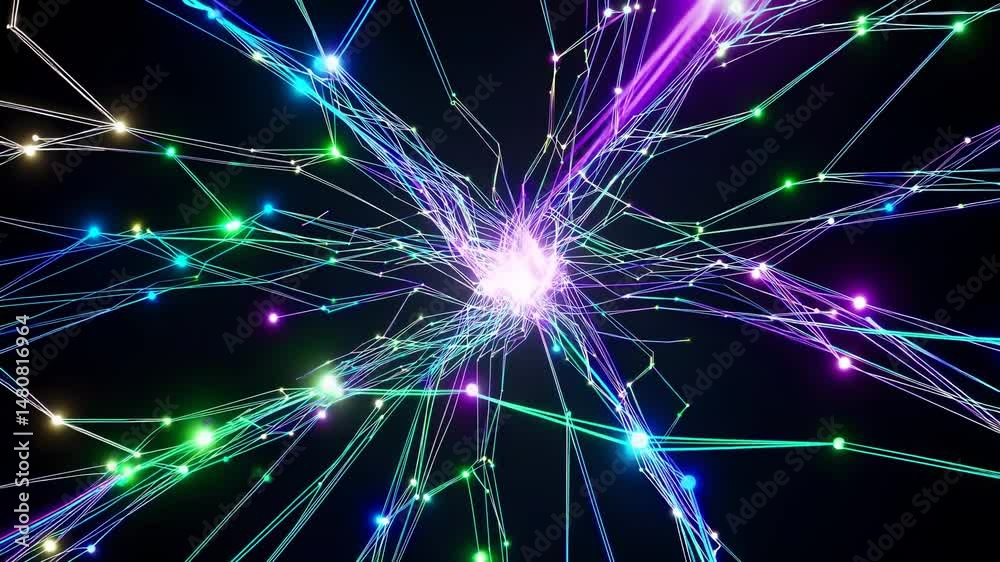 Poster glowing network lines are expanding from a bright core on a black background, creating a futuristic 