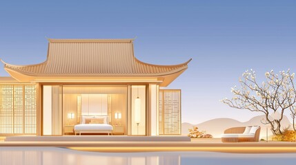 Elegant bedroom in traditional asian style pavilion with pool