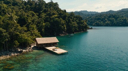 Naklejka premium A tropical island with a hut and dock.