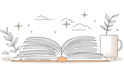Open book with pages clouds stars and a plant in mug