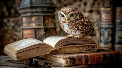Small owl resting on antique book education wisdom nature stock photo