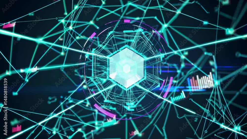 Poster glowing hexagonal core processes data within a complex network system, visualized by interconnected 