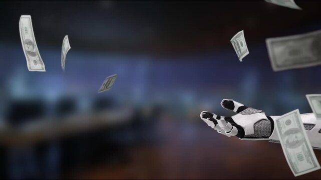 A futuristic robotic hand gracefully displays falling dollar bills in a modern office setting, symbolizing the intersection of technology and finance, innovation, and economic growth. MZL