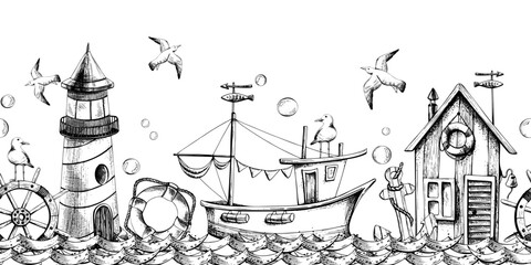Sea lighthouse with fishing boat and cabin, ship steering wheel, lifebuoy, anchor with flying seagulls and bubbles on water and shore. Hand drawn watercolor illustration. Seamless border pattern. © NATASHA-CHU
