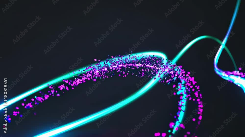 Poster bright neon light trails and colorful particles creating a dynamic and futuristic abstract compositi