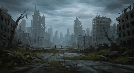 Fototapeta premium Painting of distopic landscape city