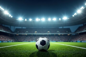 A soccer ball on a green pitch in a large stadium at night, with bright lights and spectators in the stands. Ideal for sports media content, stadium promotions,