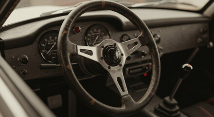 Vintage car interior with wooden steering wheel and dashboard