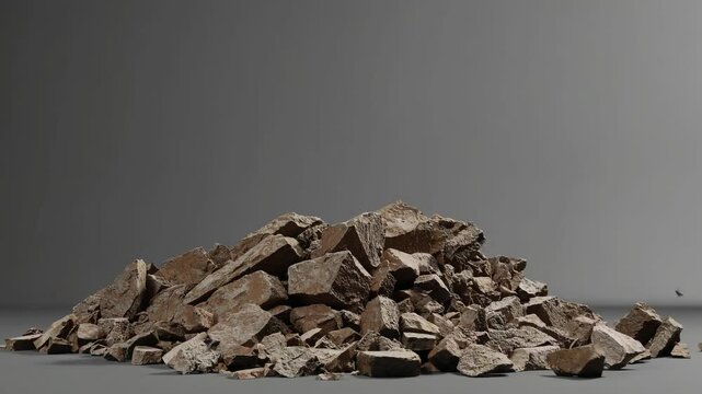 Brown rocks exploding and scattering through the air, creating a powerful scene of chaos and destruction against a gray background, showcasing the raw energy of nature's forces