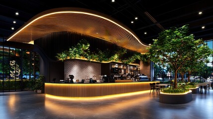 Illuminated coffee shop featuring modern design with incorporated greenery