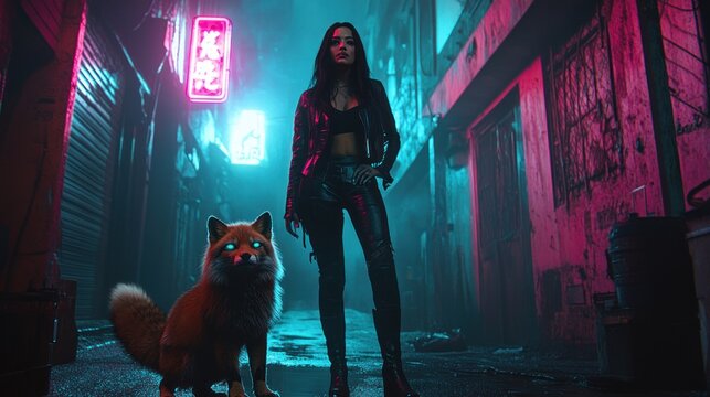 Woman and fox in neon lit urban alley futuristic cyberpunk style