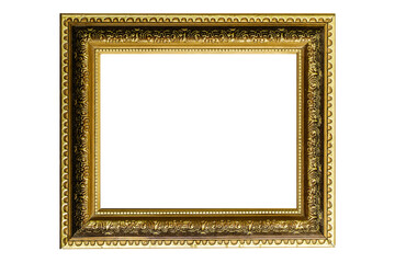 Gold frame for a picture in a classic baroque style on a white blank background. 