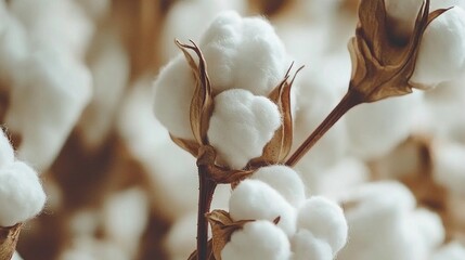Close-up of ripe cotton bolls, field background, textile industry
