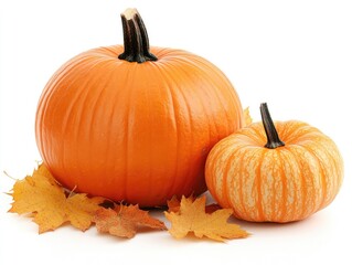 Two pumpkins, small and large, sit on a bed of autumn leaves