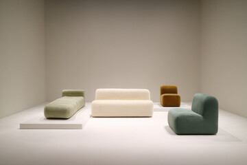 modern interior showcasing unique furniture shapes and textures that evoke coziness and aesthetics