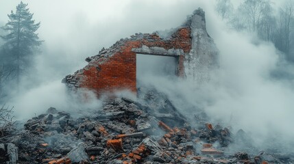 Ruined building in smoky debris