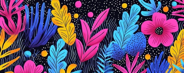 Vivid floral design featuring bold, contrasting colors on a dark background.  Intricate leaf and flower forms create a vibrant, energetic pattern