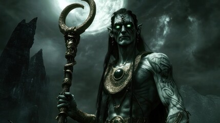 Fototapeta premium Dark fantasy figure with staff green eyes and tattoos