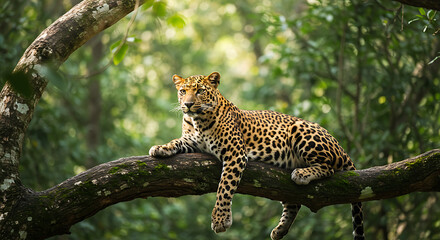 Obraz premium Resting Leopard High up in the Forest Tree Canopy During the Day in the Warm Weather of the Tropical Forest Landscape