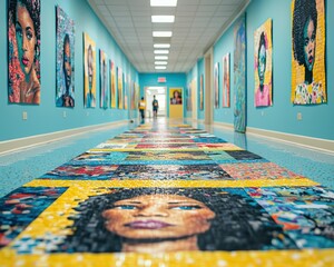 Colorful hallway adorned with mosaic art of faces