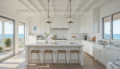 minimalist white kitchen in a coastal summer home