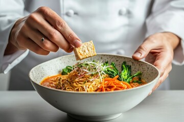 Chef adds tofu to a vibrant noodle soup with fresh greens and colorful vegetable toppings.
