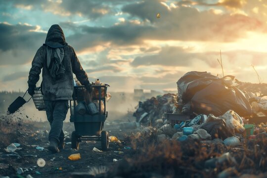 Ragpicker walking in a landfill at sunset pushing a cart and holding a shovel
