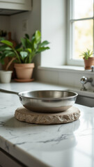 A close-up view of a skillet on a marble countertop with sunlight streaming through a window.